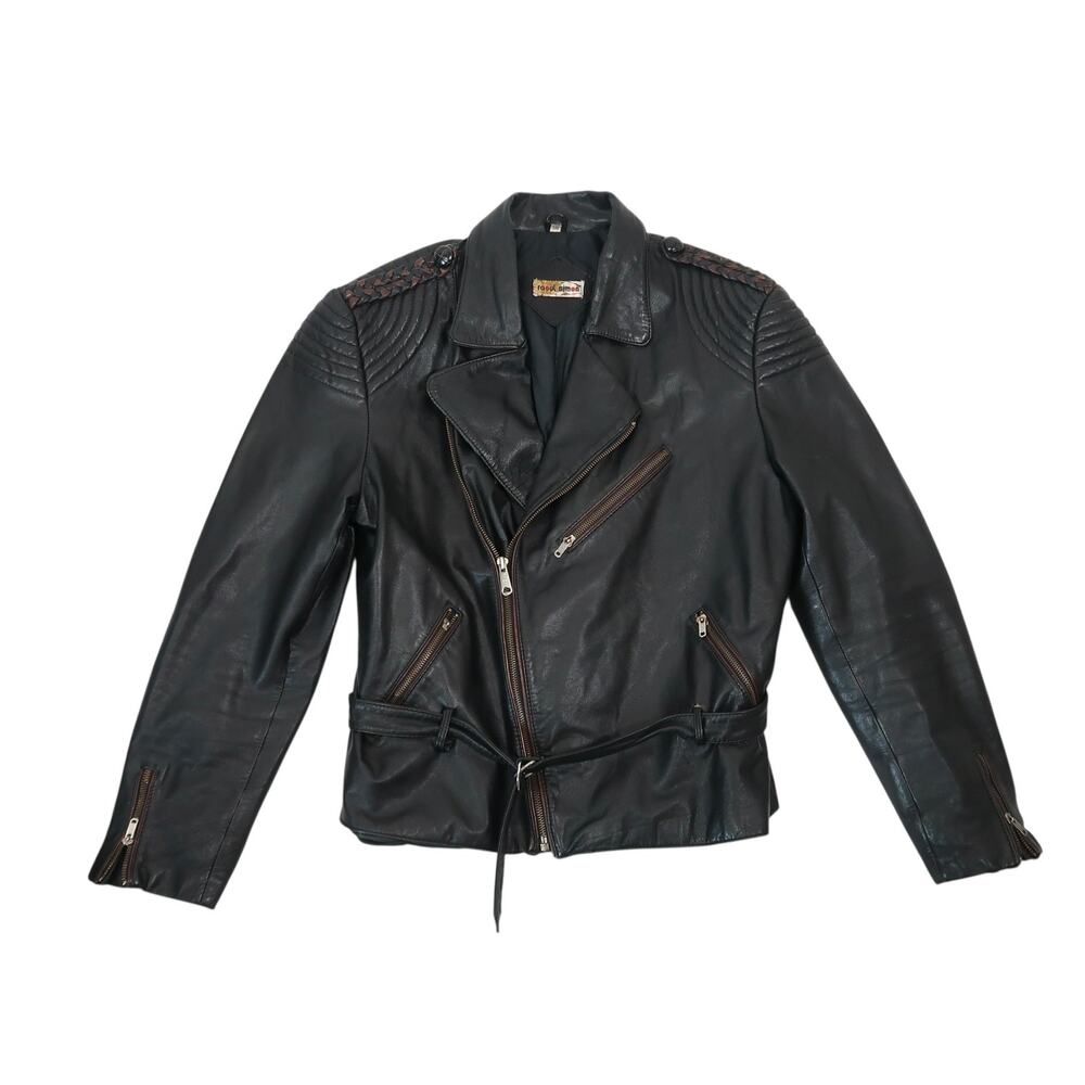 Vintage 80s Raoul Simon Black Leather Moto Jacket Quilted Shoulders L